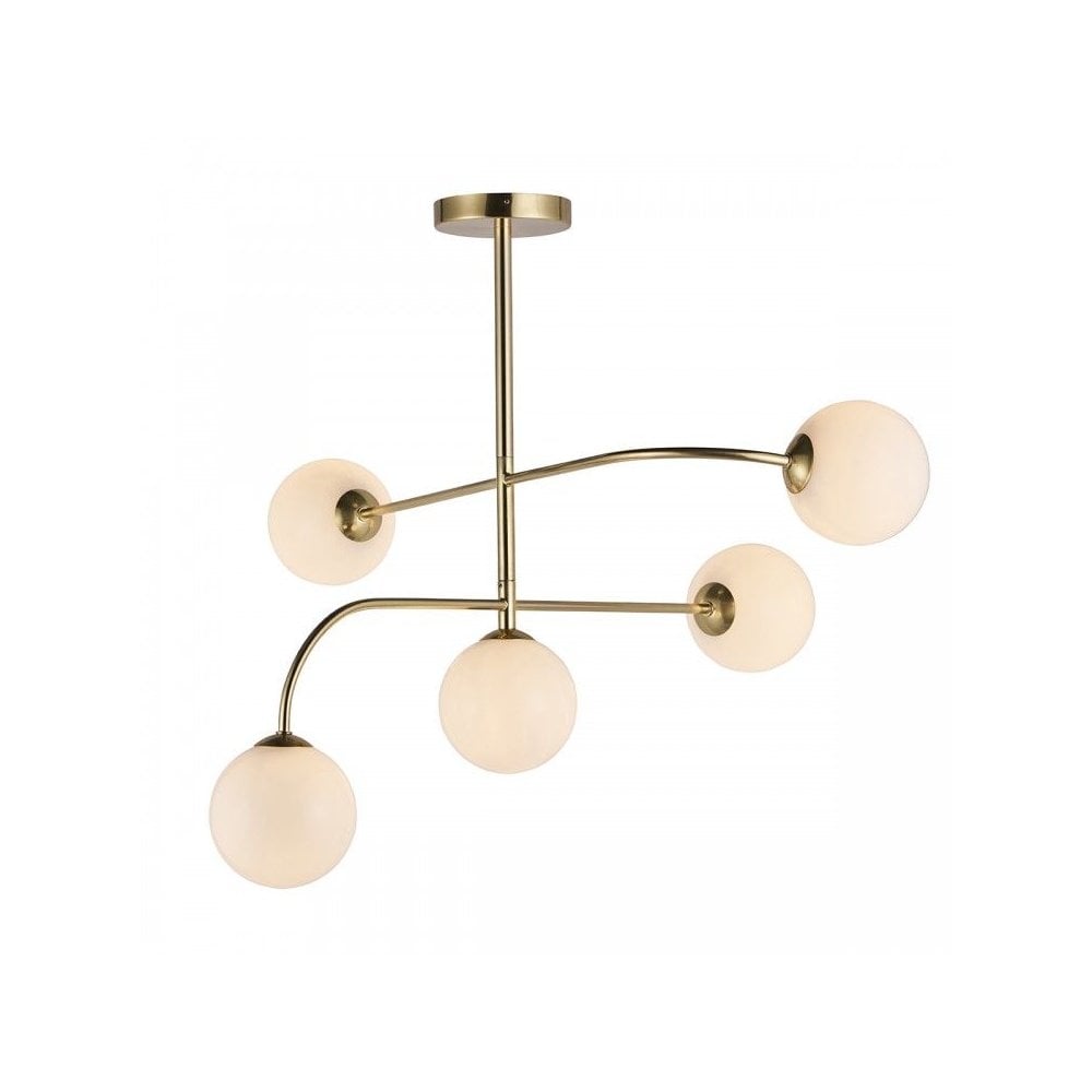 Otto 5 Light Semi Flush Ceiling Light In Brass Finish With Gloss White Glass 75939