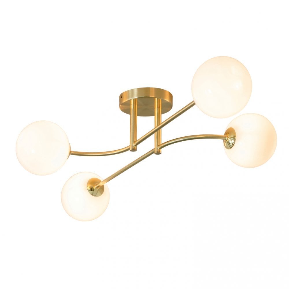 Otto Semi Flush Ceiling Light In Brushed Brass Finish With White Glass Shades 75959
