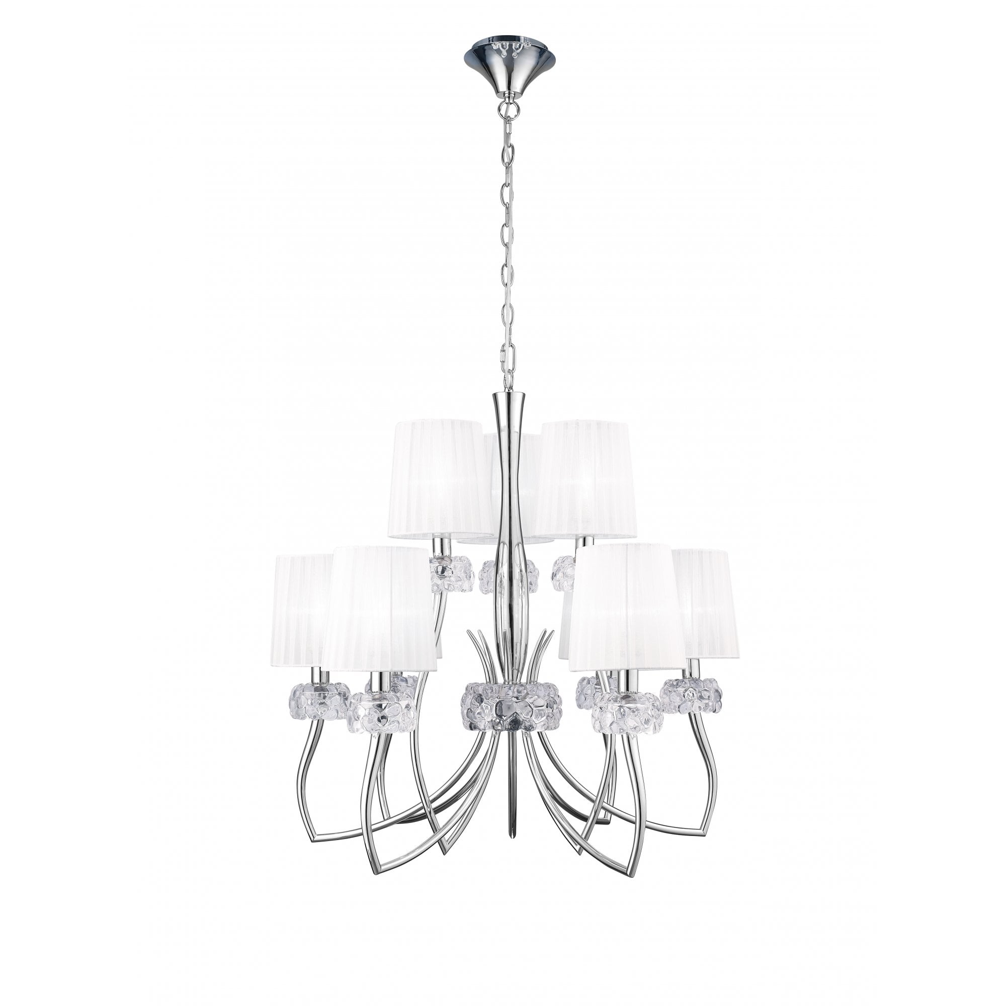 Loewe Elegant 9 Light Ceiling Chandelier In Chrome Finish With White Organza Shades M4630