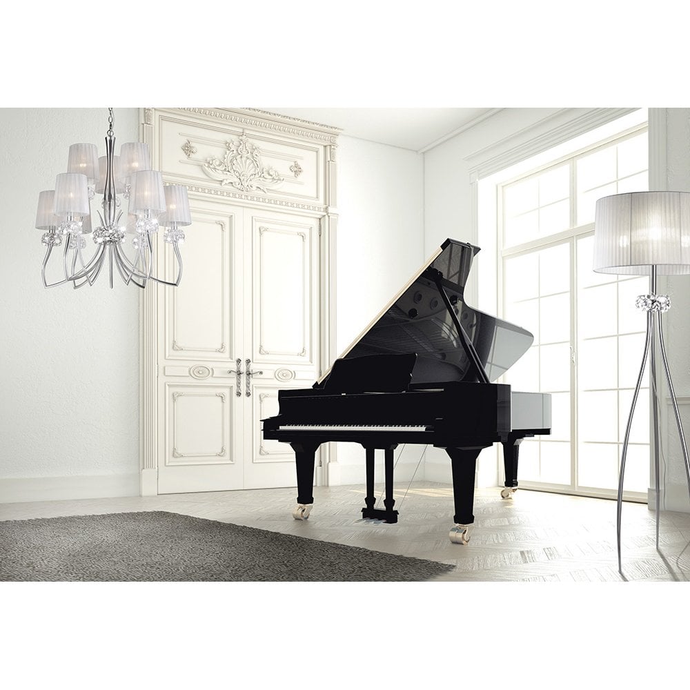 Loewe Elegant 9 Light Ceiling Chandelier In Chrome Finish With White Organza Shades M4630
