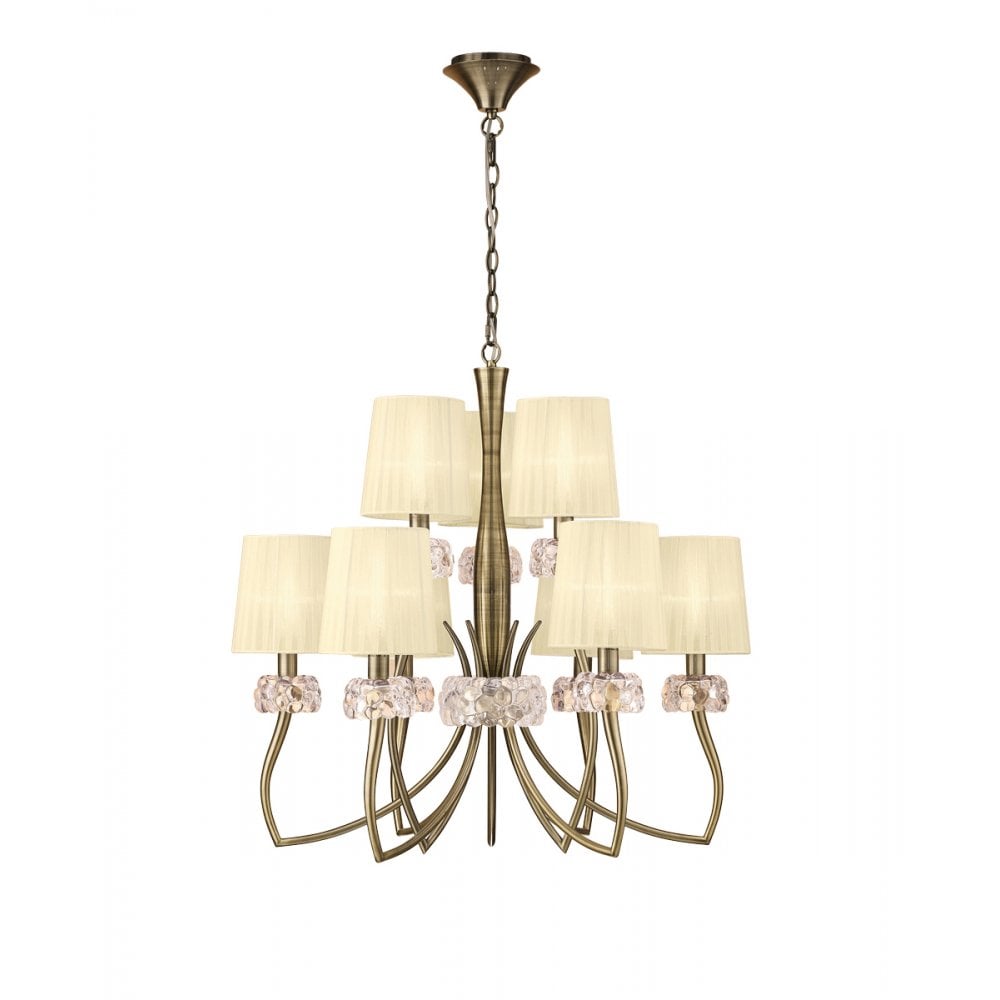 Loewe Elegant 9 Light Ceiling Chandelier In Antique Brass With Cream Organza Shades M4630AB