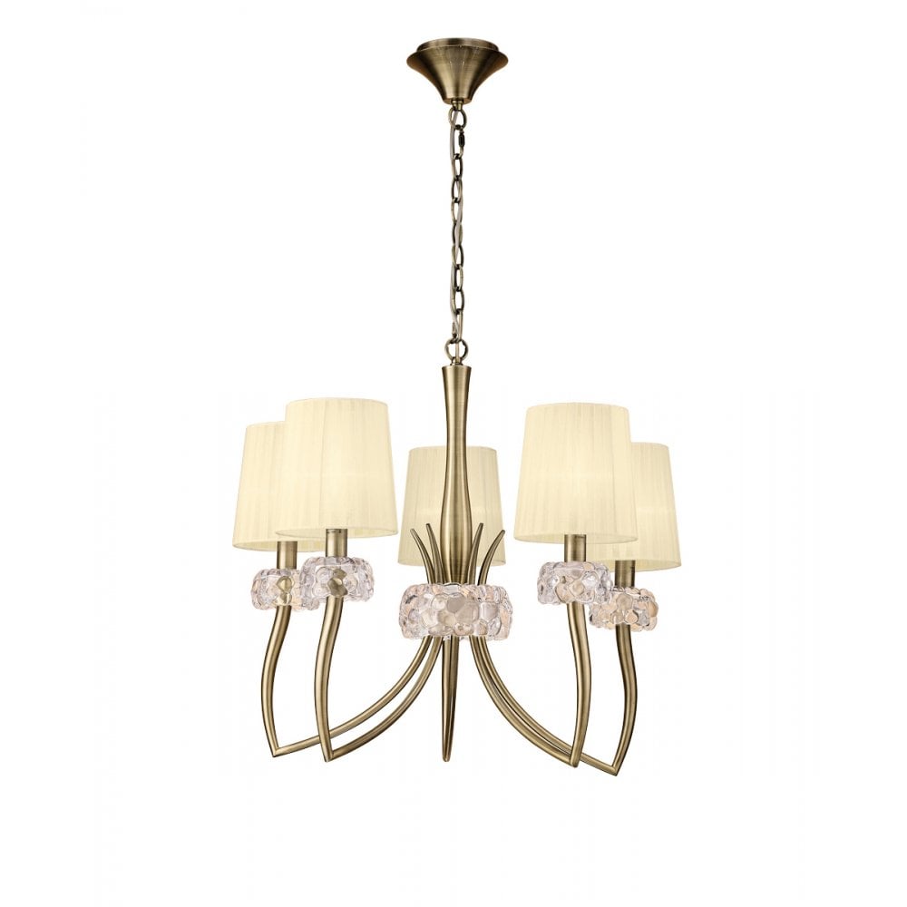 Loewe Elegant 5 Light Ceiling Chandelier In Antique Brass With Cream Organza Shades M4631AB