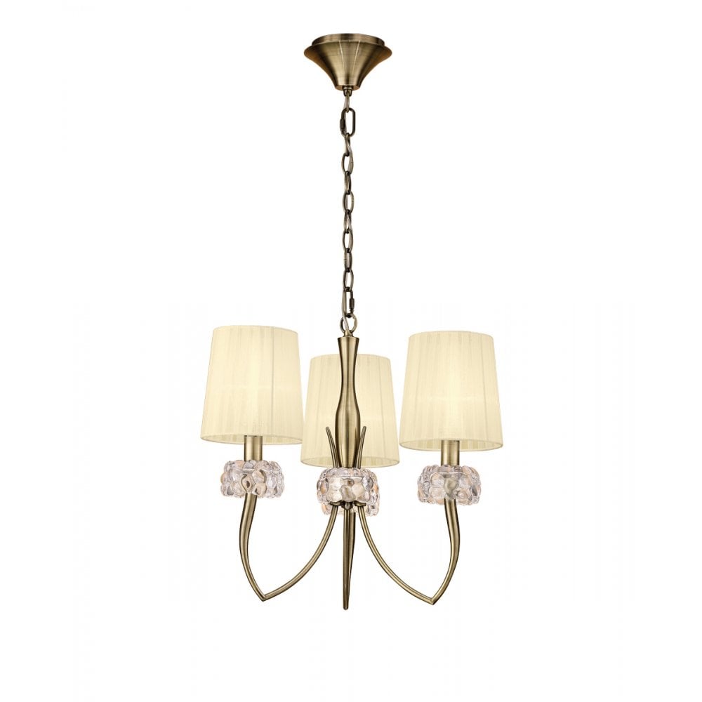 Loewe Elegant 3 Light Ceiling Chandelier In Antique Brass With Cream Organza Shades M4633AB