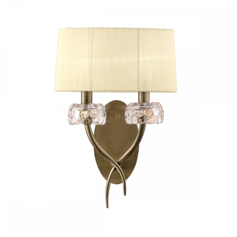 Loewe Elegant Twin Wall Light In Antique Brass With Cream Organza Shades M4634AB/S