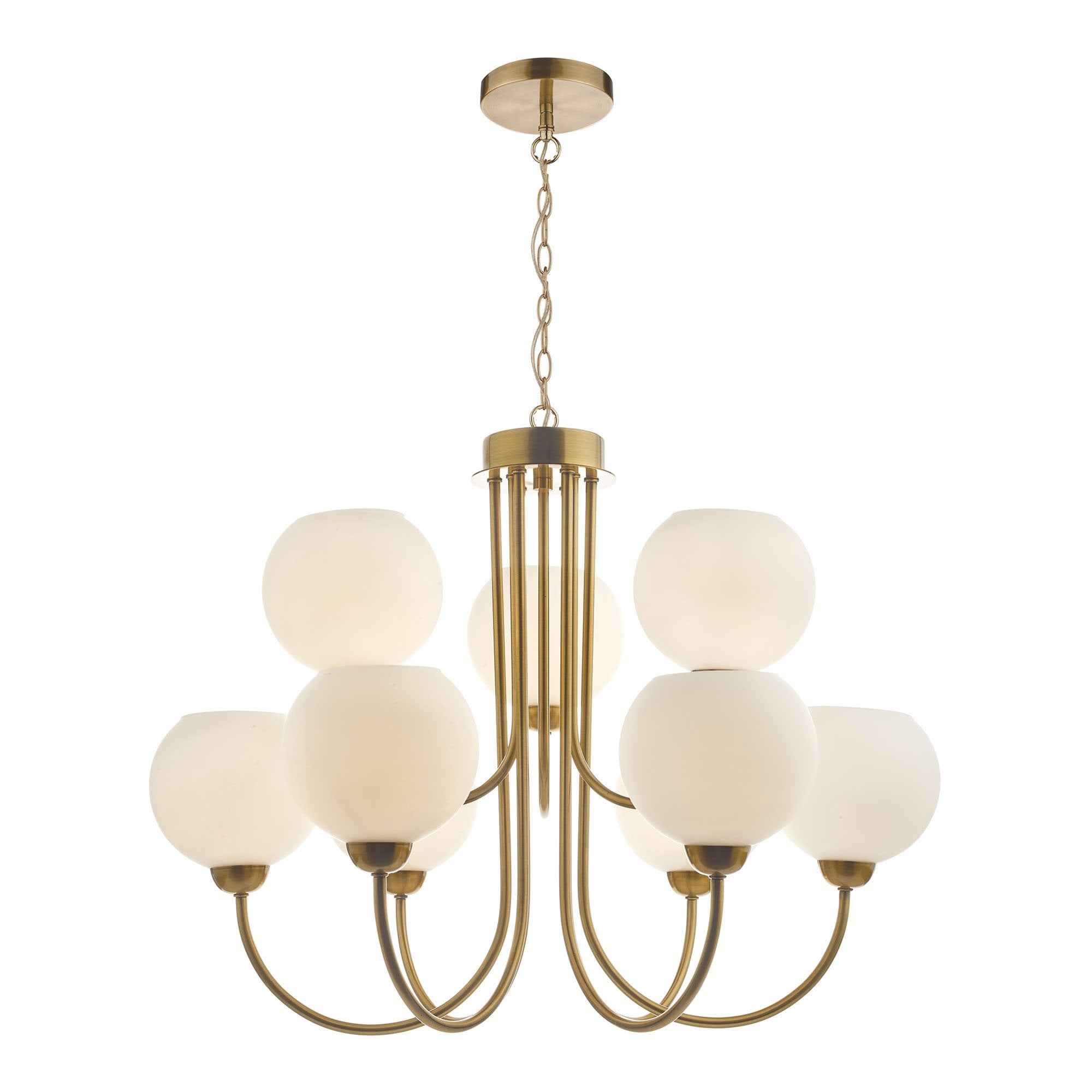 Indra Stylish 9 Light Ceiling Pendant In Brass Finish With Opal Glass Shades IND1335
