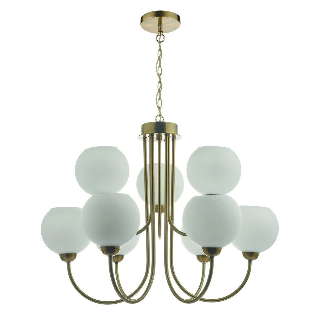Indra Stylish 9 Light Ceiling Pendant In Brass Finish With Opal Glass Shades IND1335