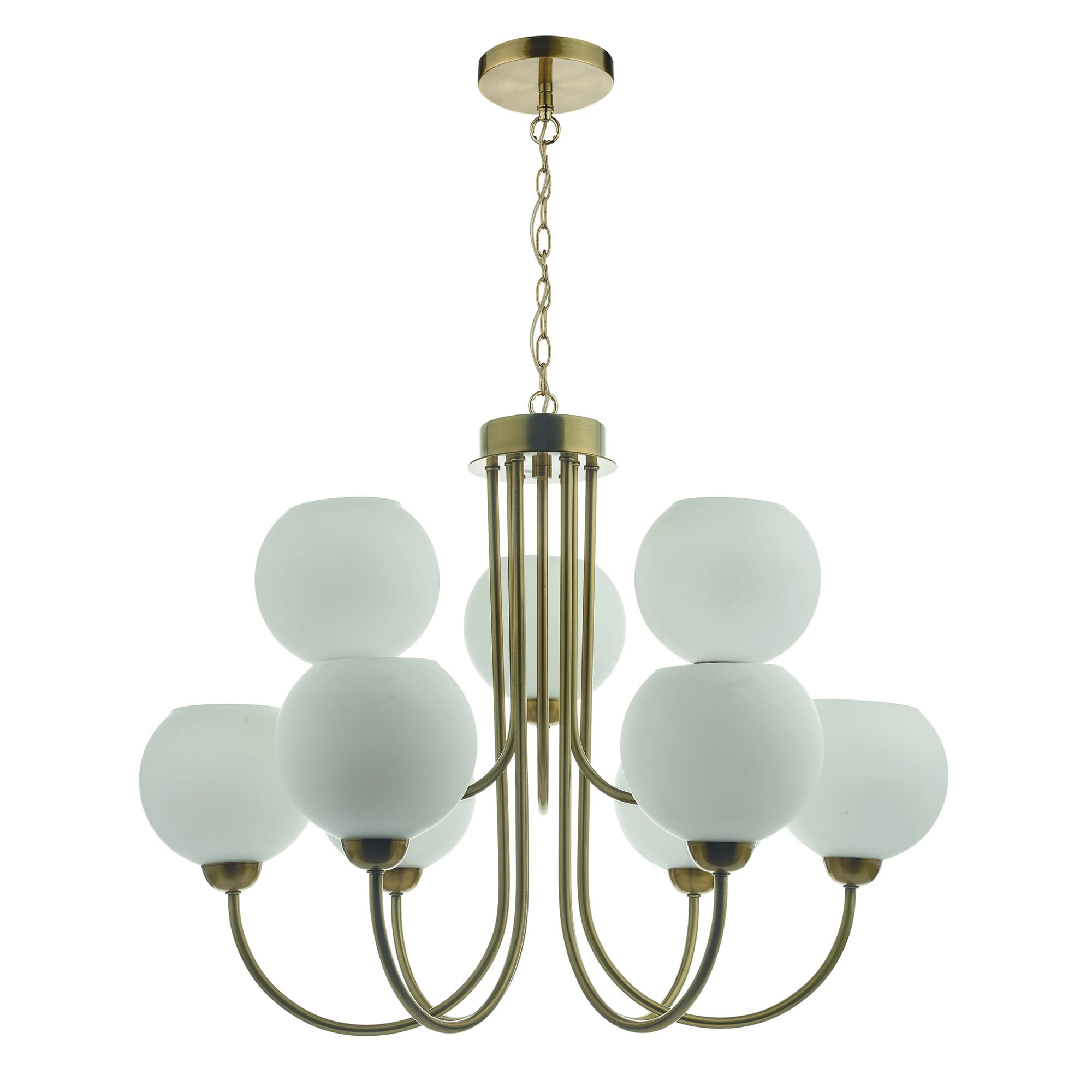 Indra Stylish 9 Light Ceiling Pendant In Brass Finish With Opal Glass Shades IND1335