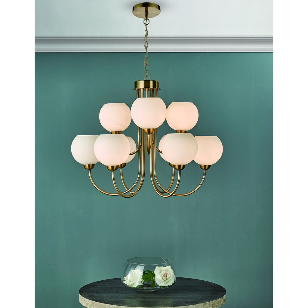 Indra Stylish 9 Light Ceiling Pendant In Brass Finish With Opal Glass Shades IND1335