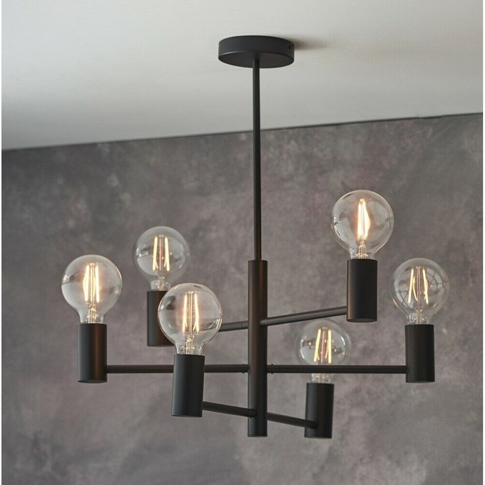Studio 6 Light Semi Flush Ceiling Light In Matt Black Finish With Straight Arms 76502