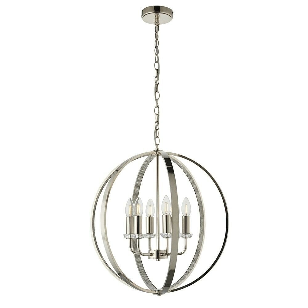 Ritz 6 Light Globe Ceiling Pendant Light In Nickel Finish With Crystal Detail 81508