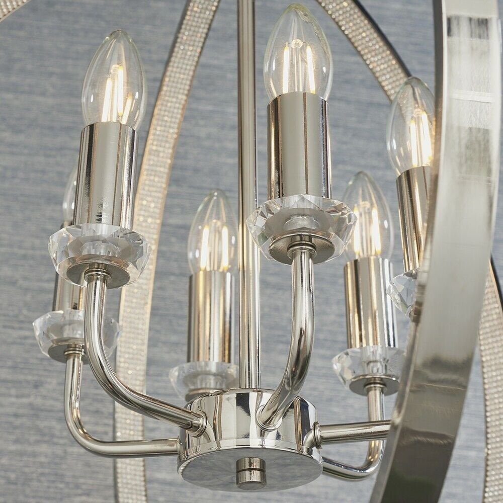 Ritz 6 Light Globe Ceiling Pendant Light In Nickel Finish With Crystal Detail 81508