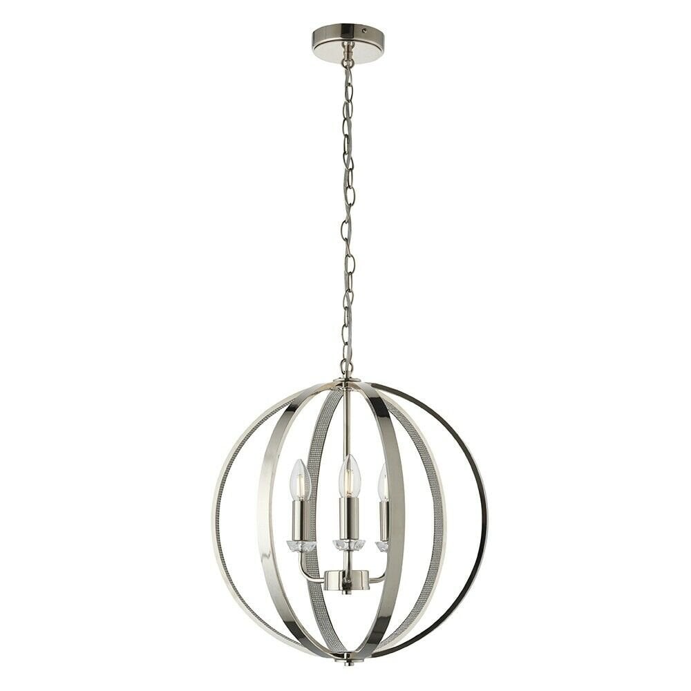 Ritz 3 Light Globe Ceiling Pendant Light In Nickel Finish With Crystal Detail 81507