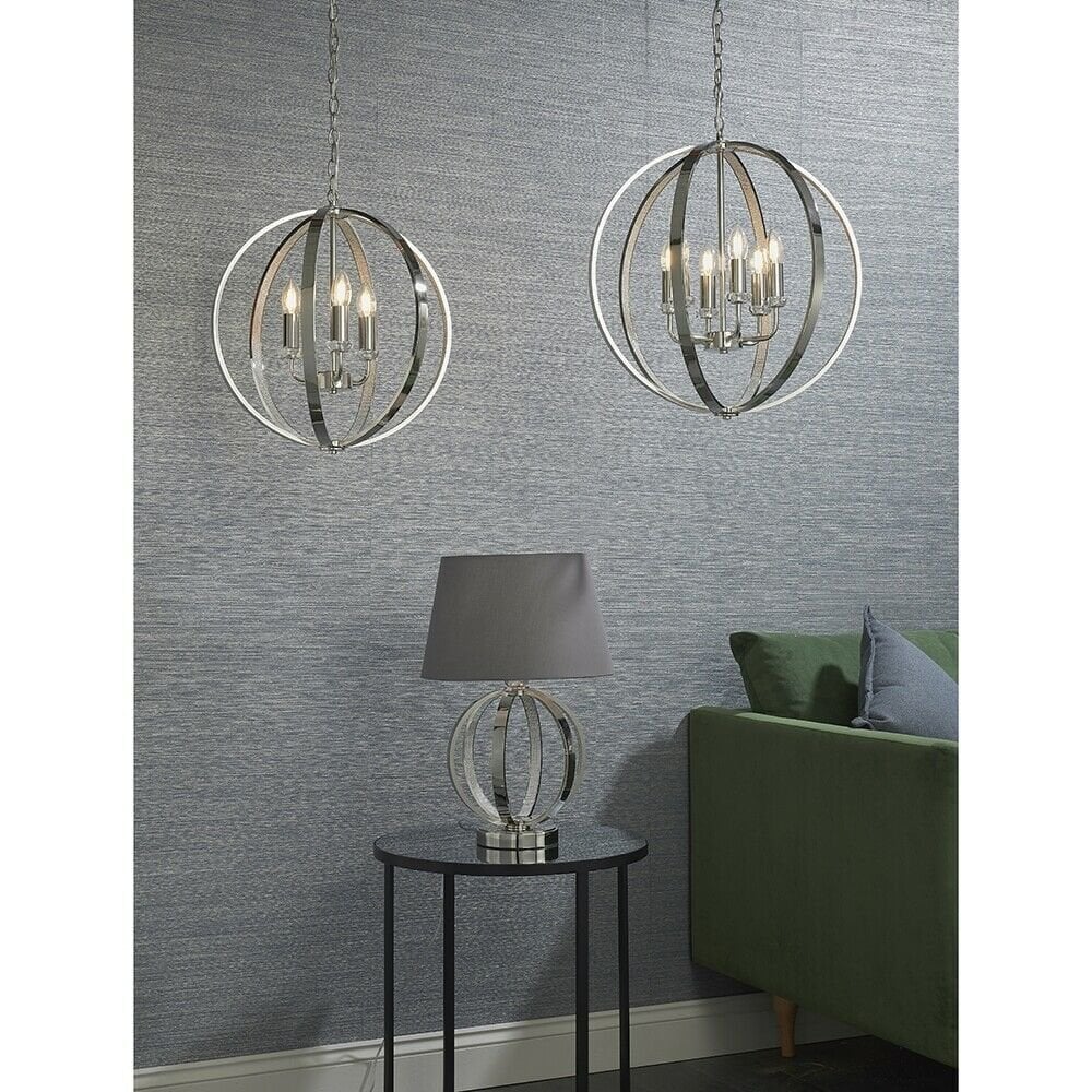 Ritz 3 Light Globe Ceiling Pendant Light In Nickel Finish With Crystal Detail 81507