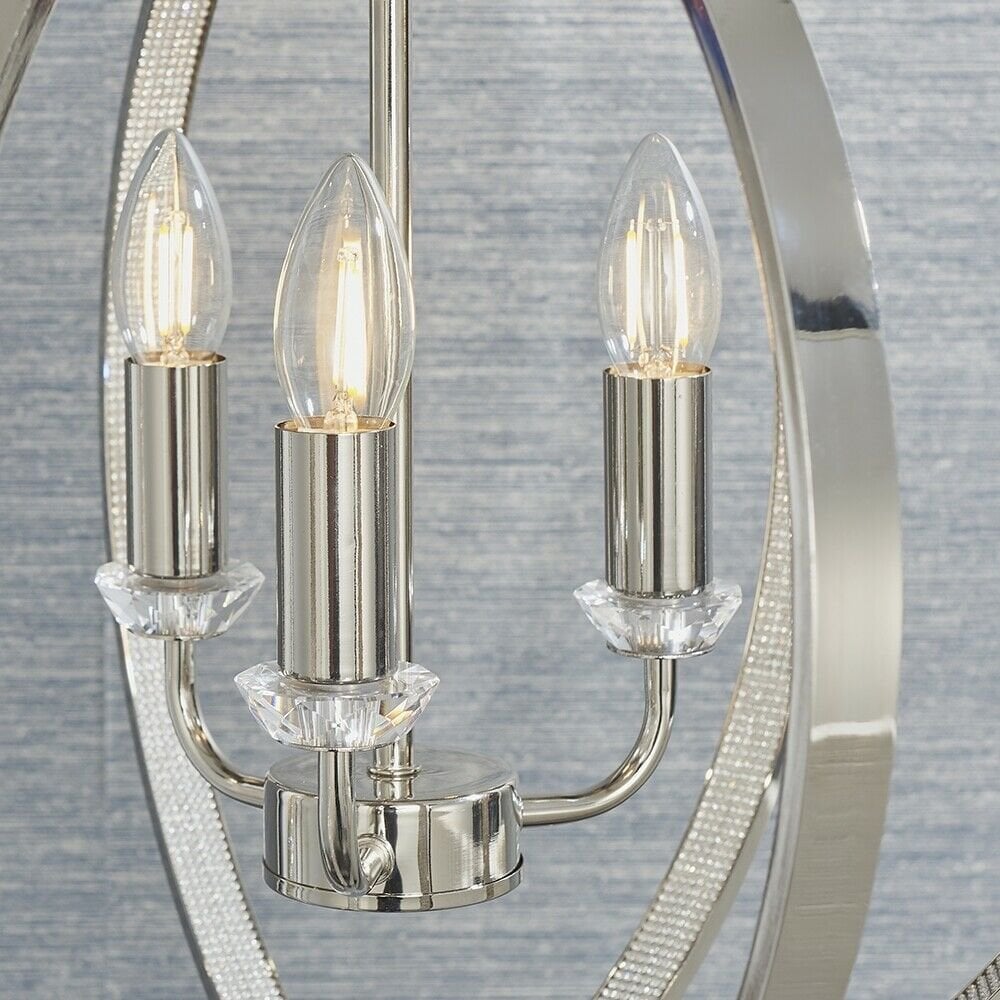 Ritz 3 Light Globe Ceiling Pendant Light In Nickel Finish With Crystal Detail 81507