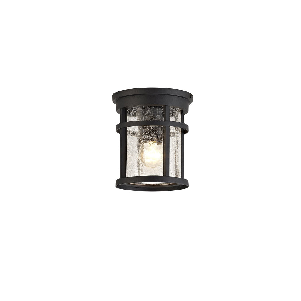 Horton Outdoor Flush Ceiling Light In Black Finish With Crackled Clear Glass IP54