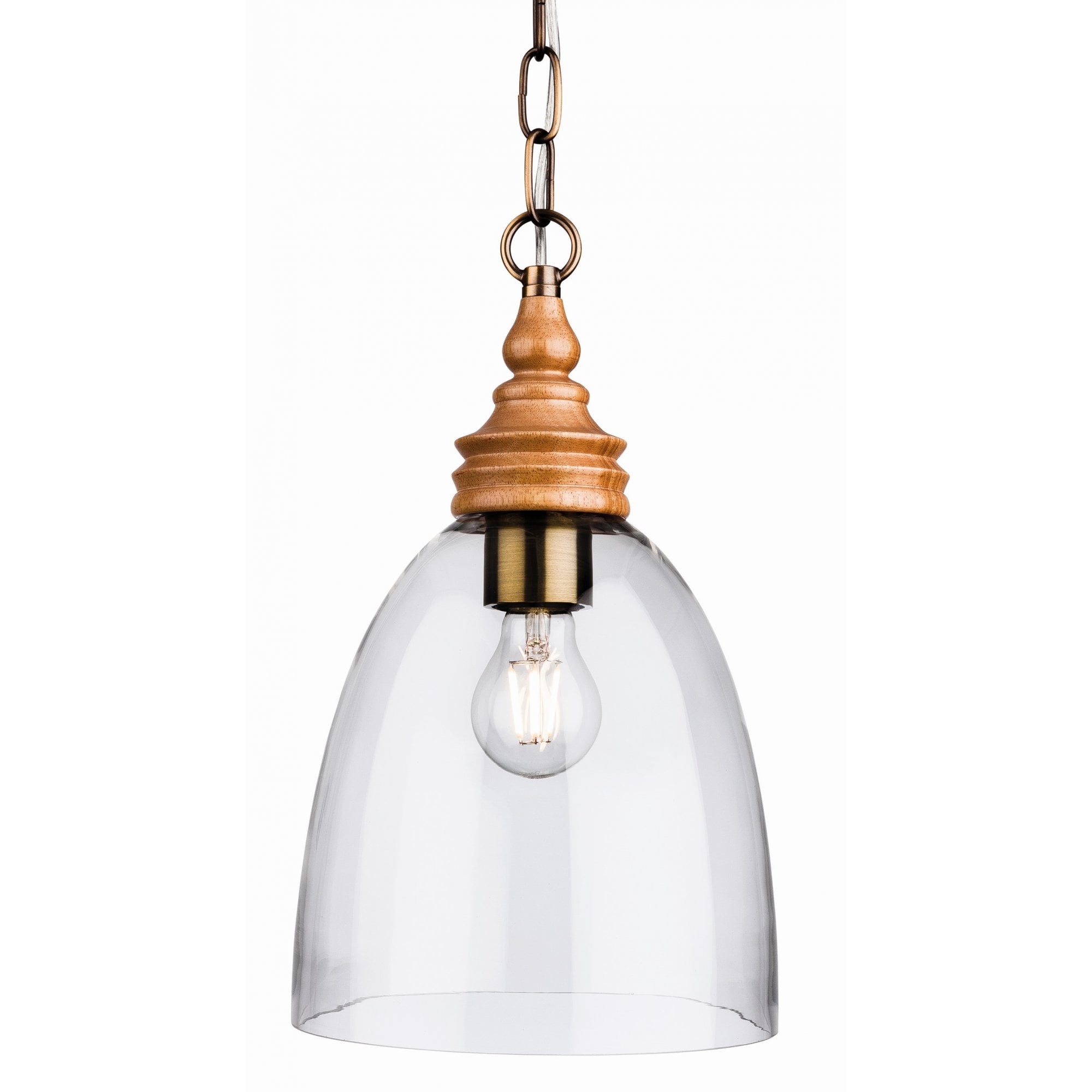 Comet Elegant Ceiling Pendant Light With Natural Wood Detail And Clear Glass Shade 3719