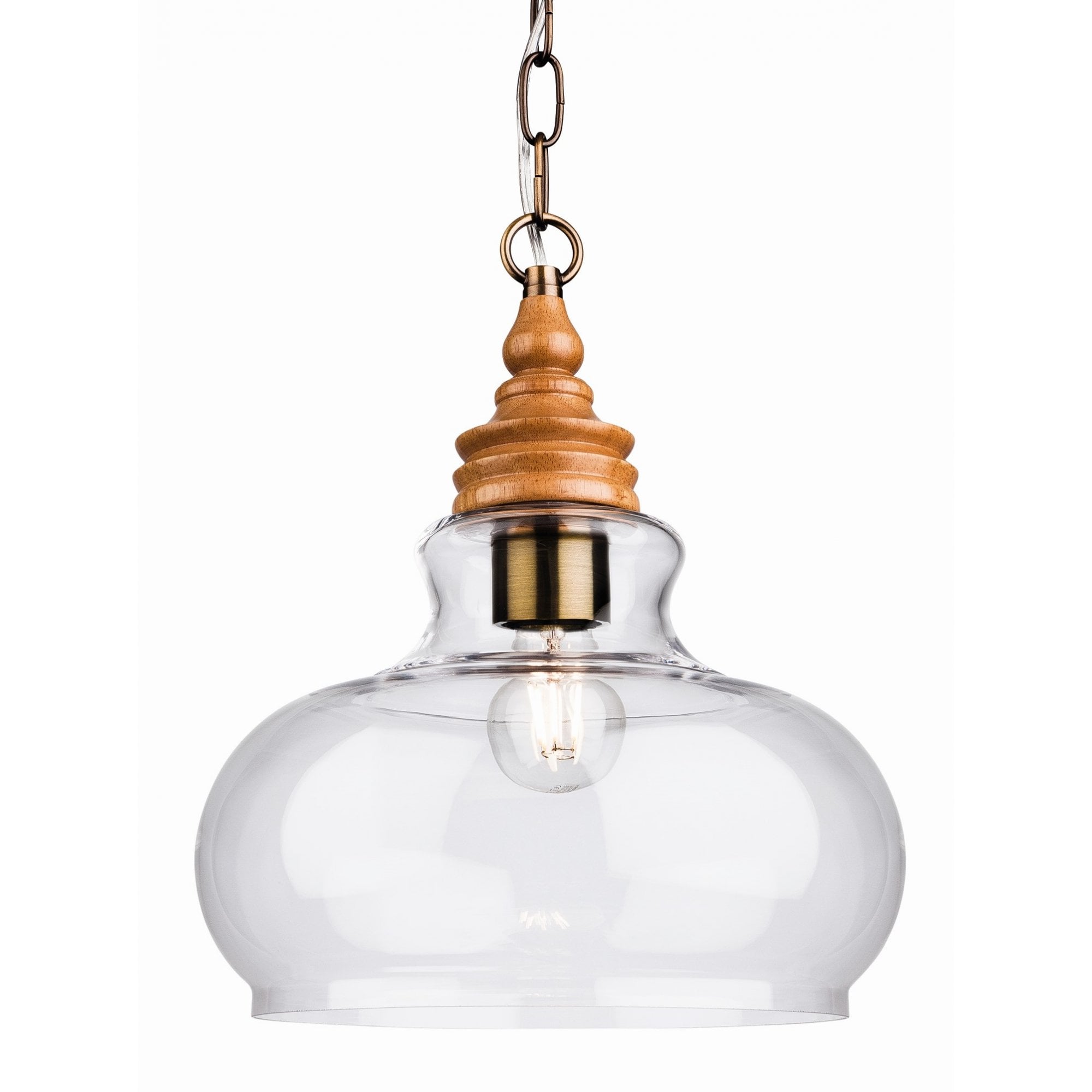 Comet Elegant Ceiling Pendant Light With Natural Wood Detail And Clear Glass Shade 3720