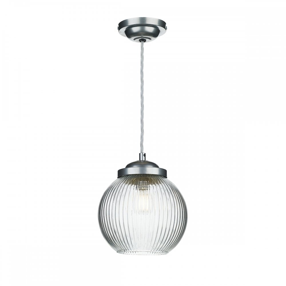 Henley Ceiling Pendant Light In Satin Chrome Finish With Ribbed Glass Shade HEN0146