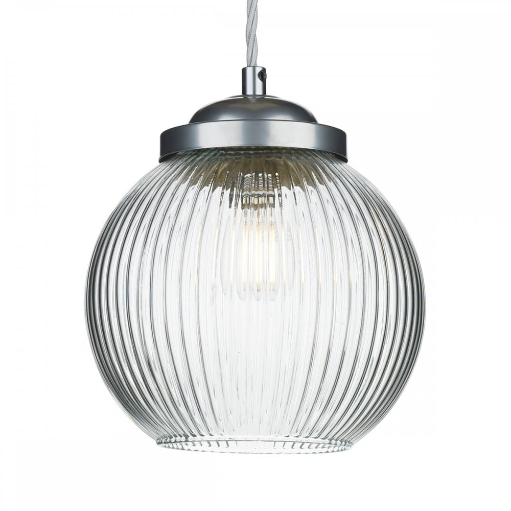 Henley Ceiling Pendant Light In Satin Chrome Finish With Ribbed Glass Shade HEN0146