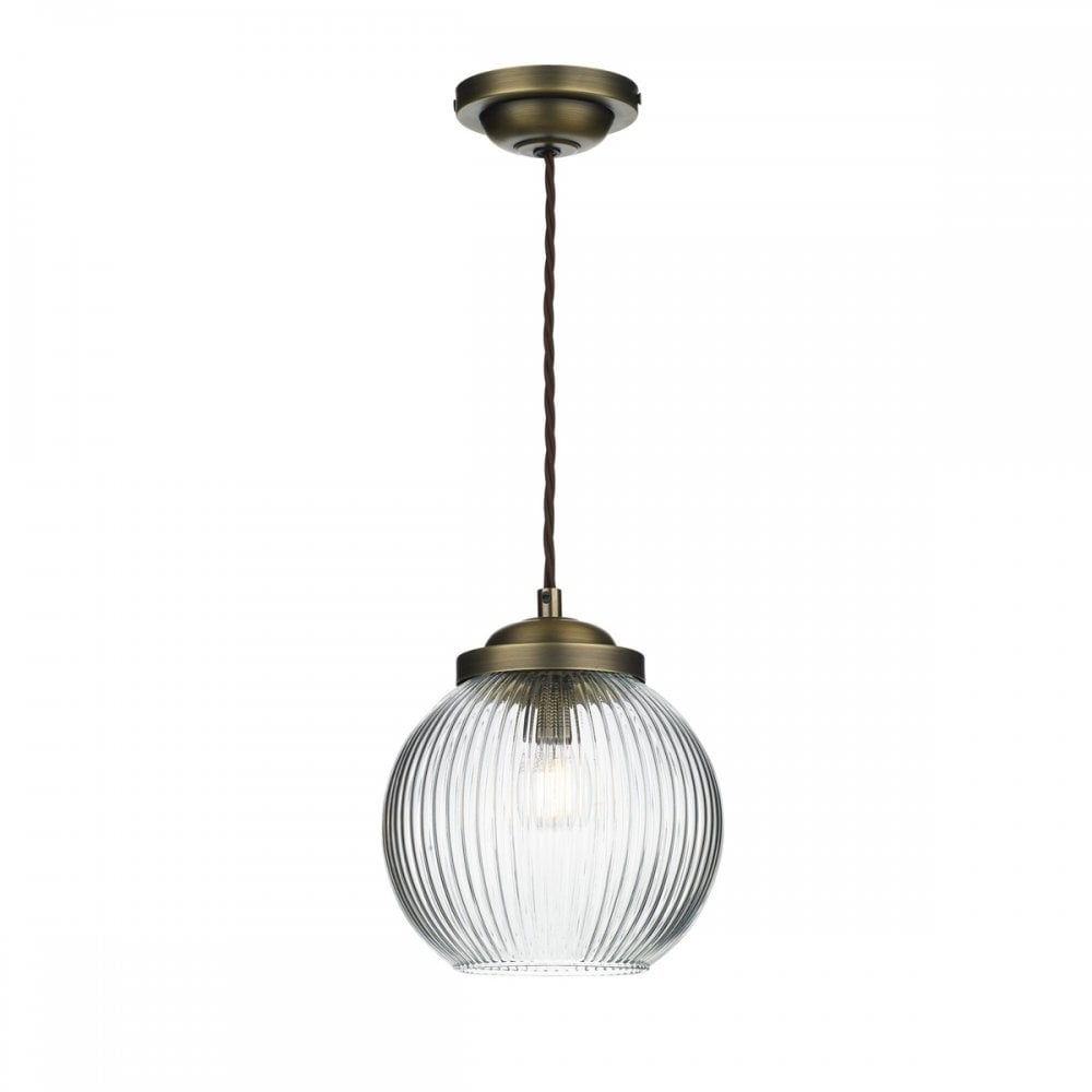 Henley Ceiling Pendant Light In Antique Brass Finish With Ribbed Glass Shade HEN0175