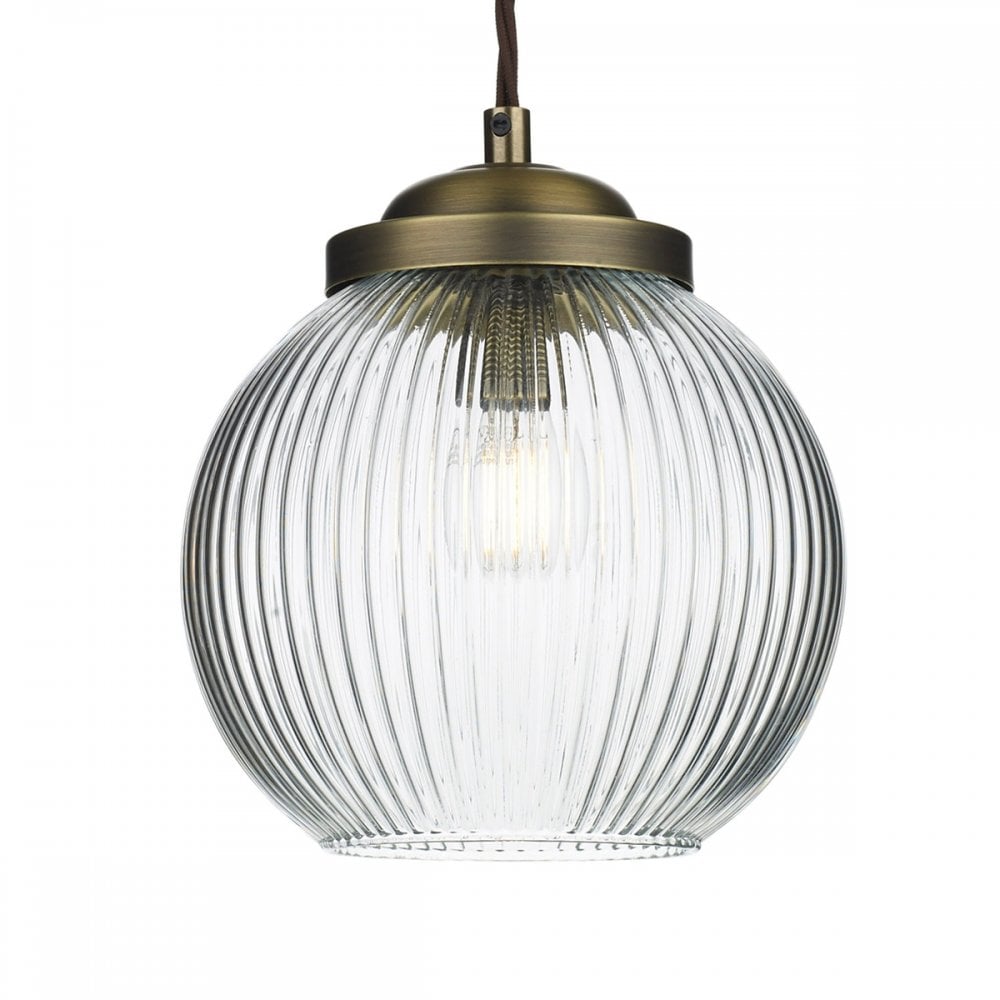Henley Ceiling Pendant Light In Antique Brass Finish With Ribbed Glass Shade HEN0175