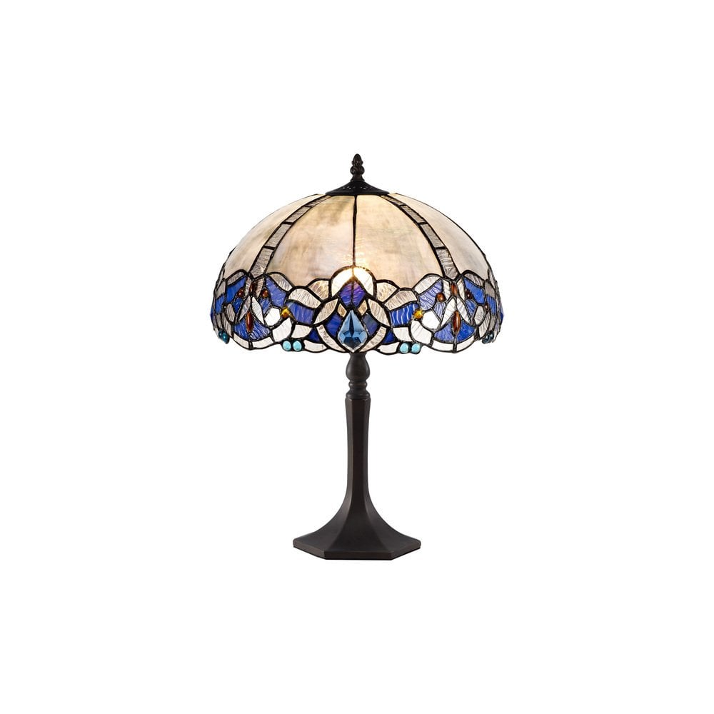 Meccha Tiffany Octagonal Table Lamp With Cream And Blue Glass 31.5 cm