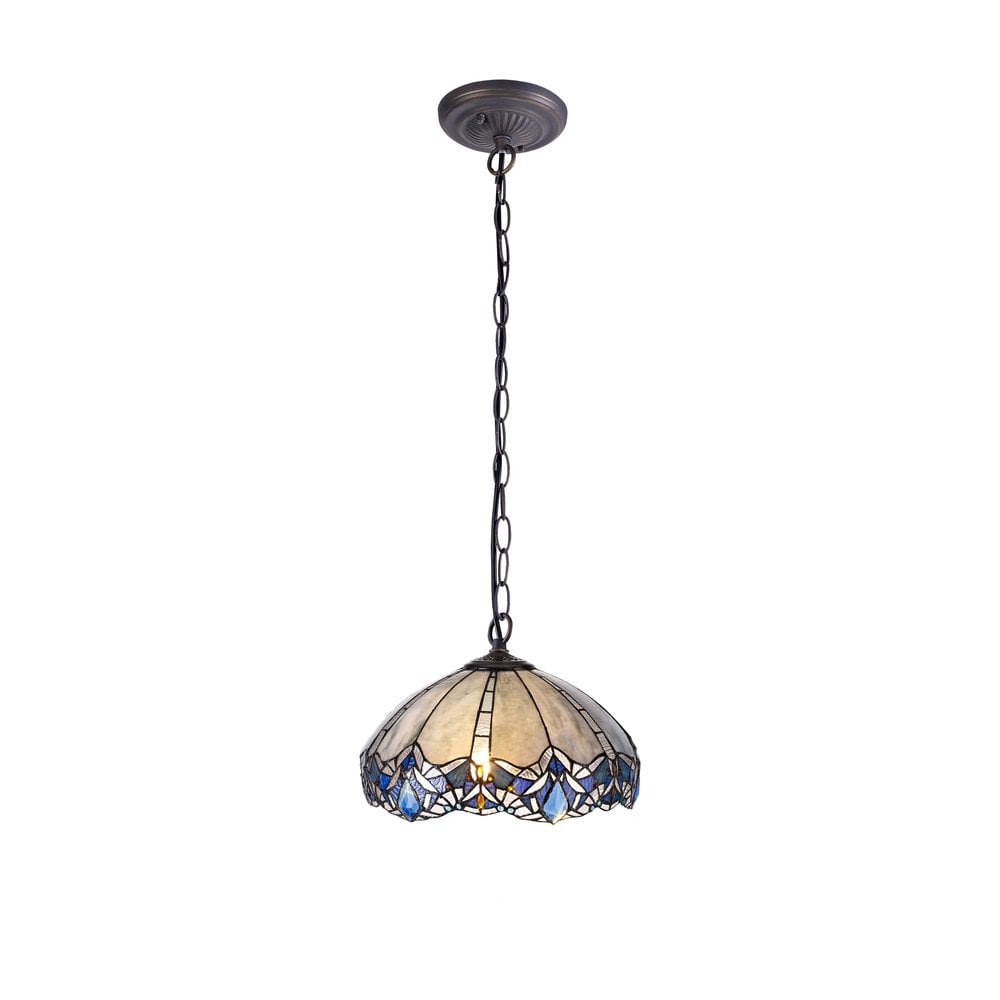 Meccha Tiffany Single Ceiling Pendant Light With Cream And Blue Glass 39 cm