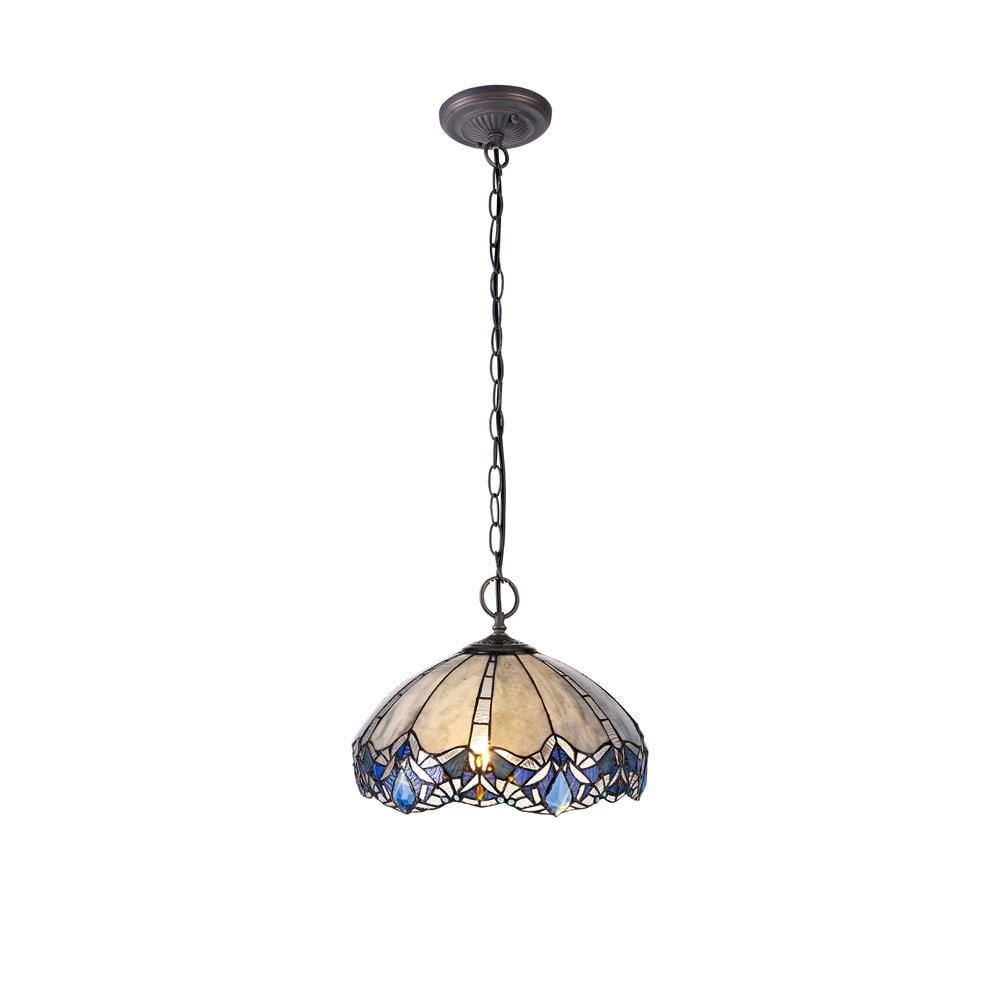 Meccha Tiffany 2 Light Ceiling Pendant Light With Cream And Blue Glass 39 cm