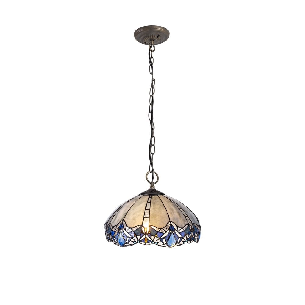 Meccha Tiffany 3 Light Ceiling Pendant Light With Cream And Blue Glass 39 cm