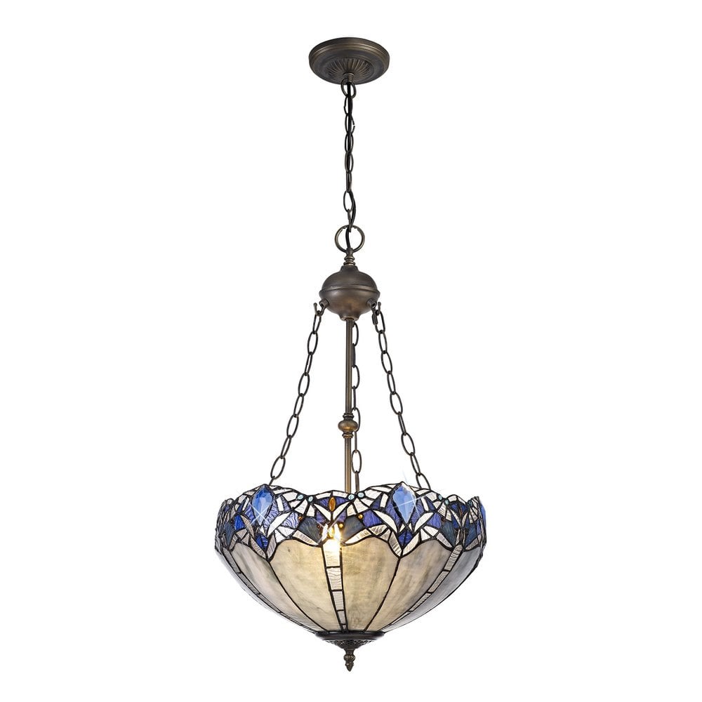 Meccha Tiffany Uplighter Kit Ceiling Pendant Light With Cream And Blue Glass 39 cm