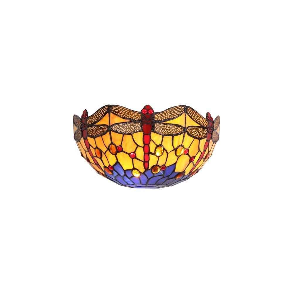 Bokmaal 2 Light Dragonfly Wall Light With Orange and Blue Tiffany Glass