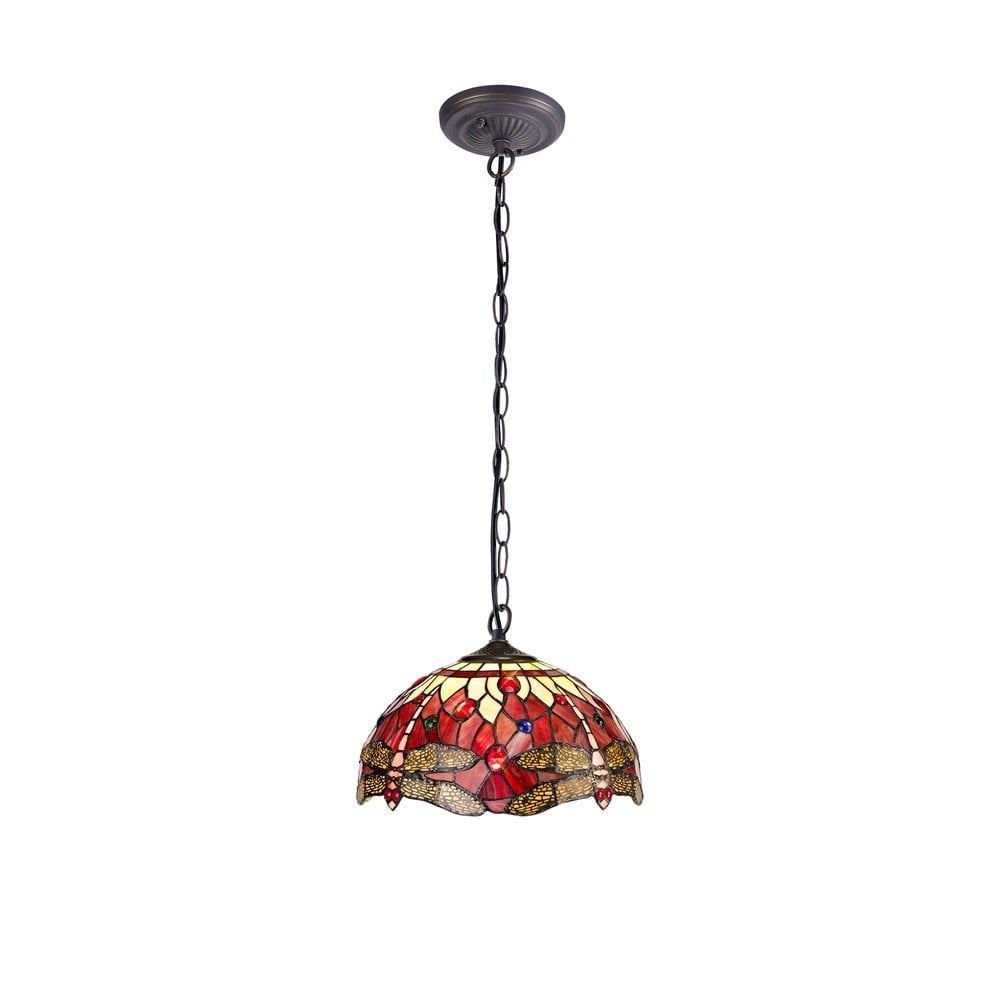 Bokmaal Dragonfly Single Ceiling Pendant Light With Purple And Pink Tiffany Glass 30 cm