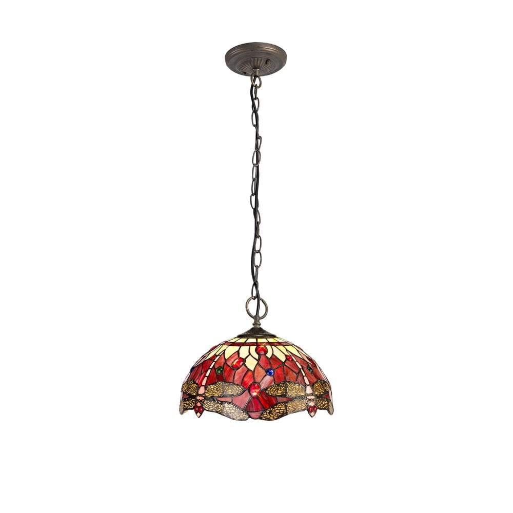 Bokmaal Dragonfly 3 Light Ceiling Pendant With Purple And Pink Tiffany Glass 30 cm