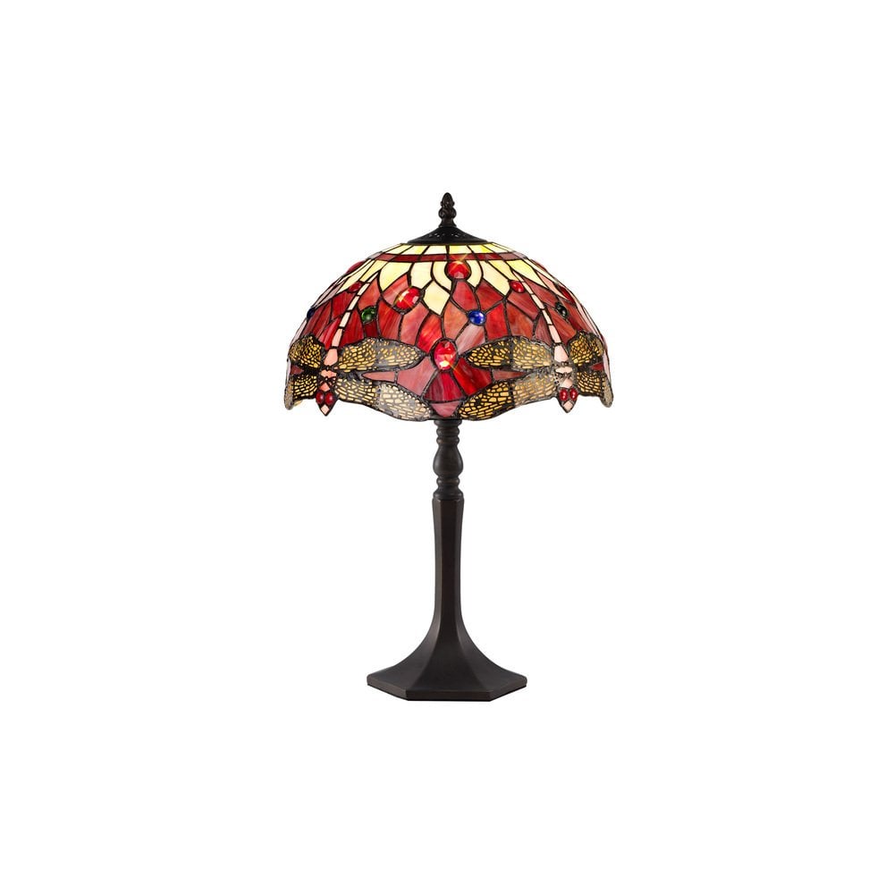 Bokmaal Dragonfly Octagonal Table Lamp With Purple And Pink Tiffany Glass 30 cm