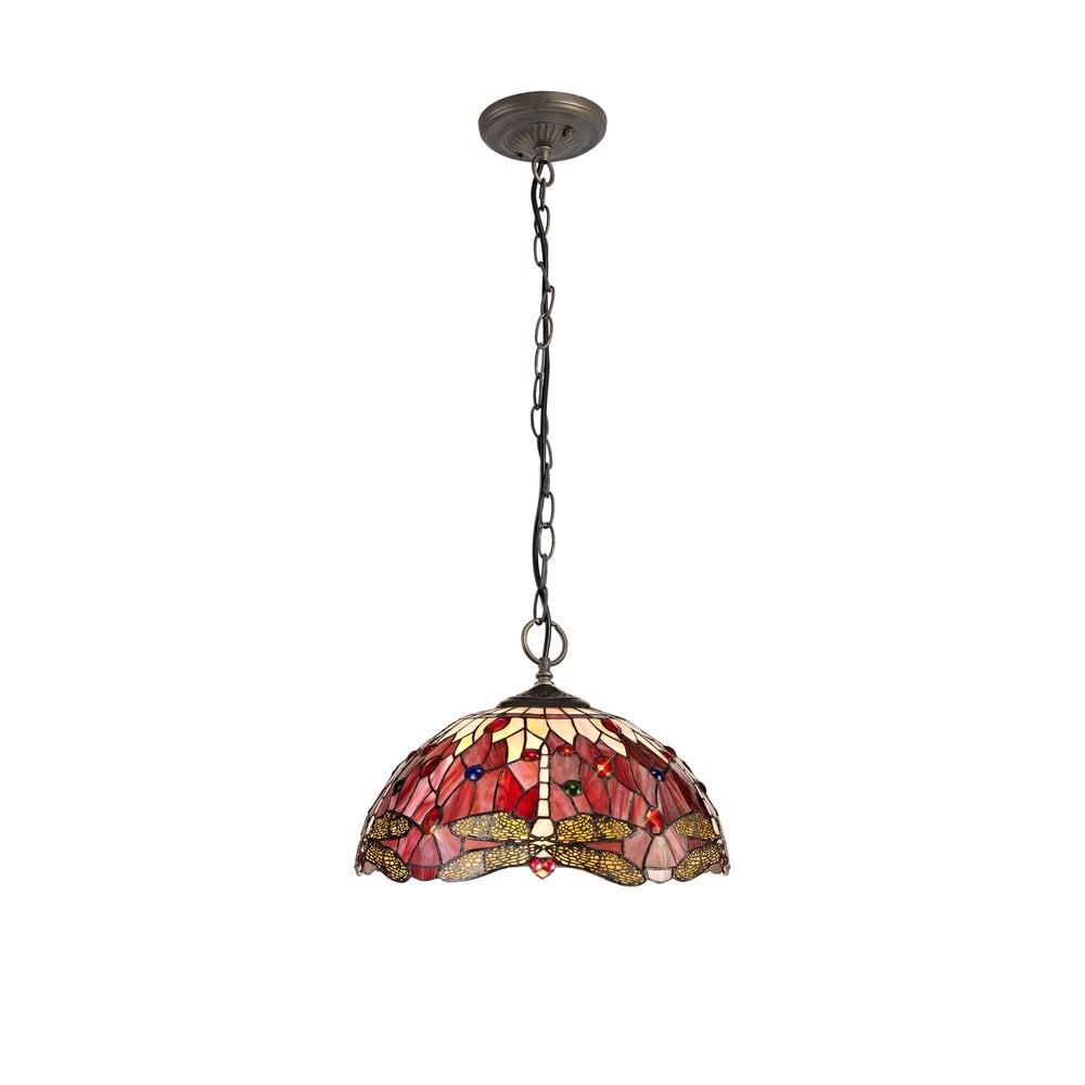 Bokmaal Dragonfly 3 Light Ceiling Pendant With Purple And Pink Tiffany Glass 40 cm