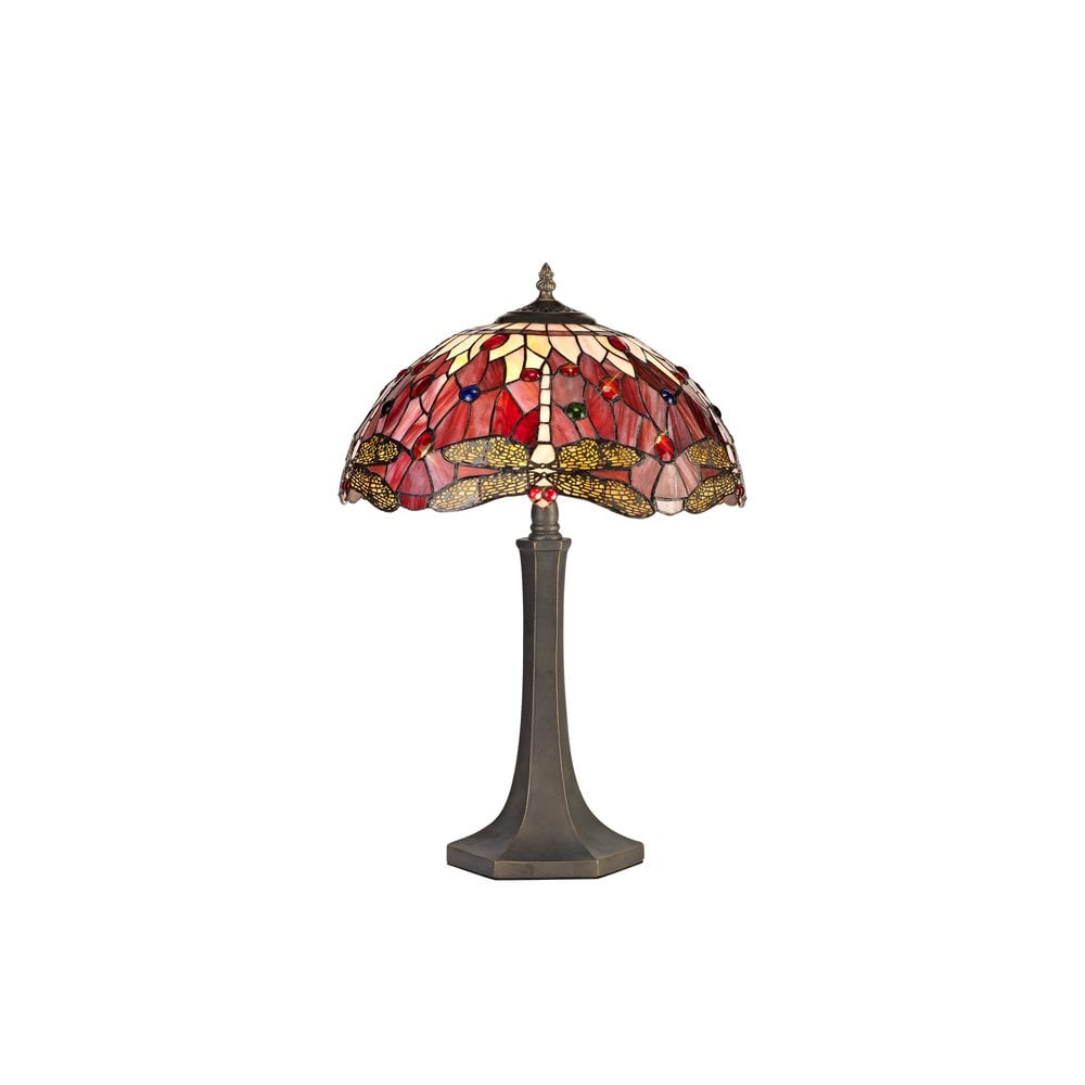 Bokmaal Dragonfly Octagonal Table Lamp With Purple And Pink Tiffany Glass 40 cm
