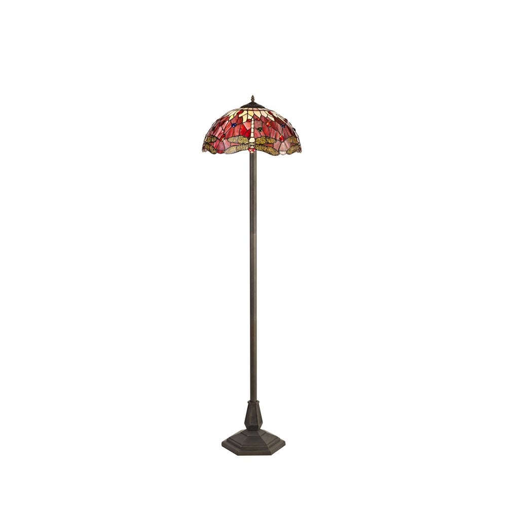 Bokmaal Dragonfly Octagonal Floor Lamp With Purple And Pink Tiffany Glass 40 cm