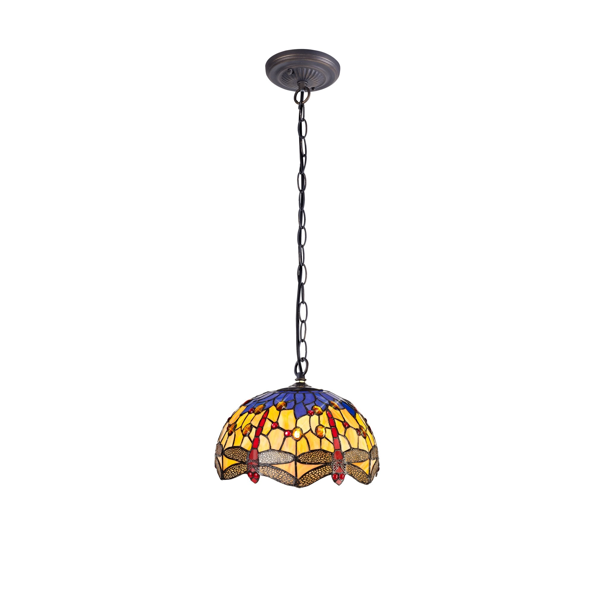 Bokmaal Dragonfly Ceiling Pendant Light With Orange And Blue Tiffany Glass 30 cm