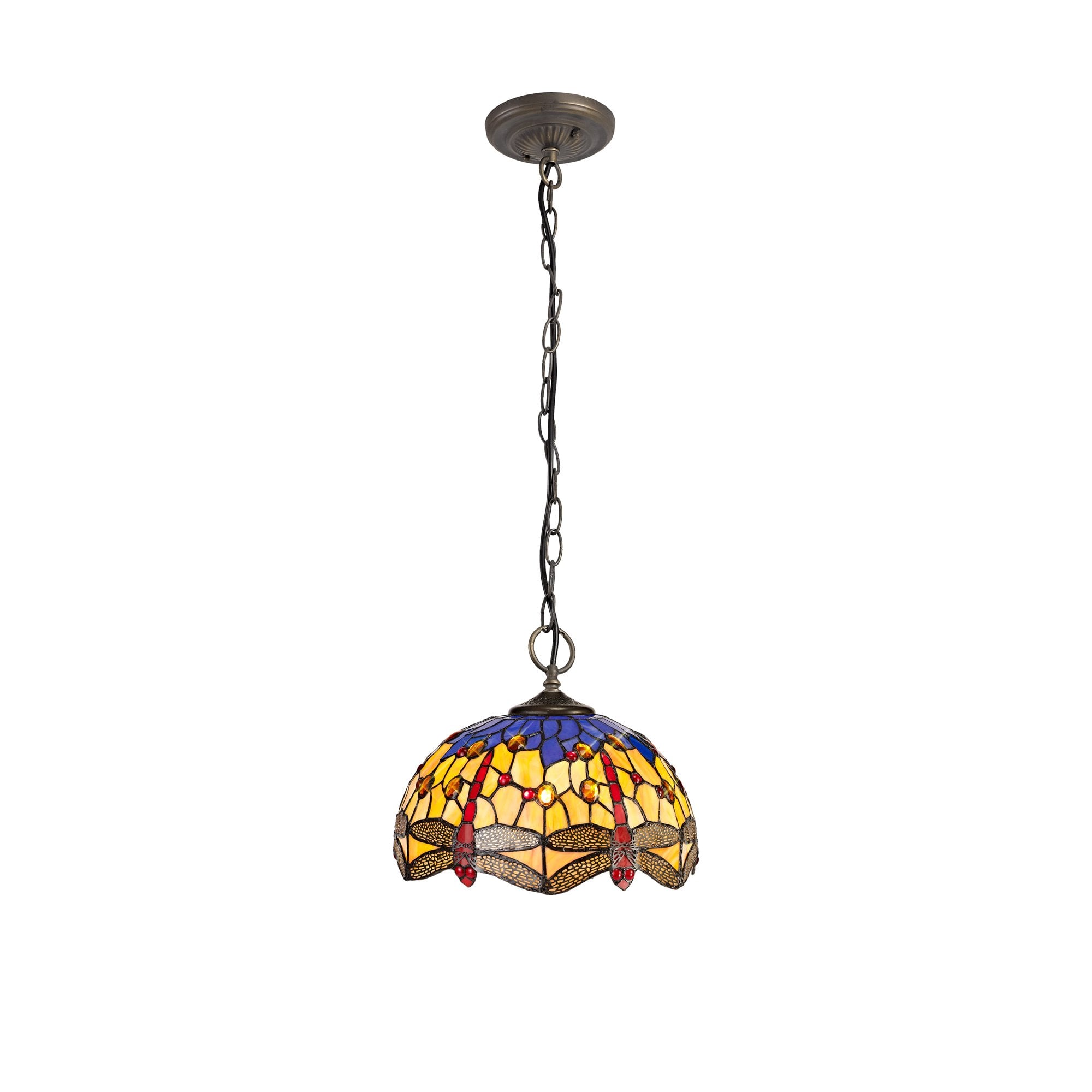 Bokmaal Dragonfly 3 Light Ceiling Pendant With Orange And Blue Tiffany Glass 30 cm