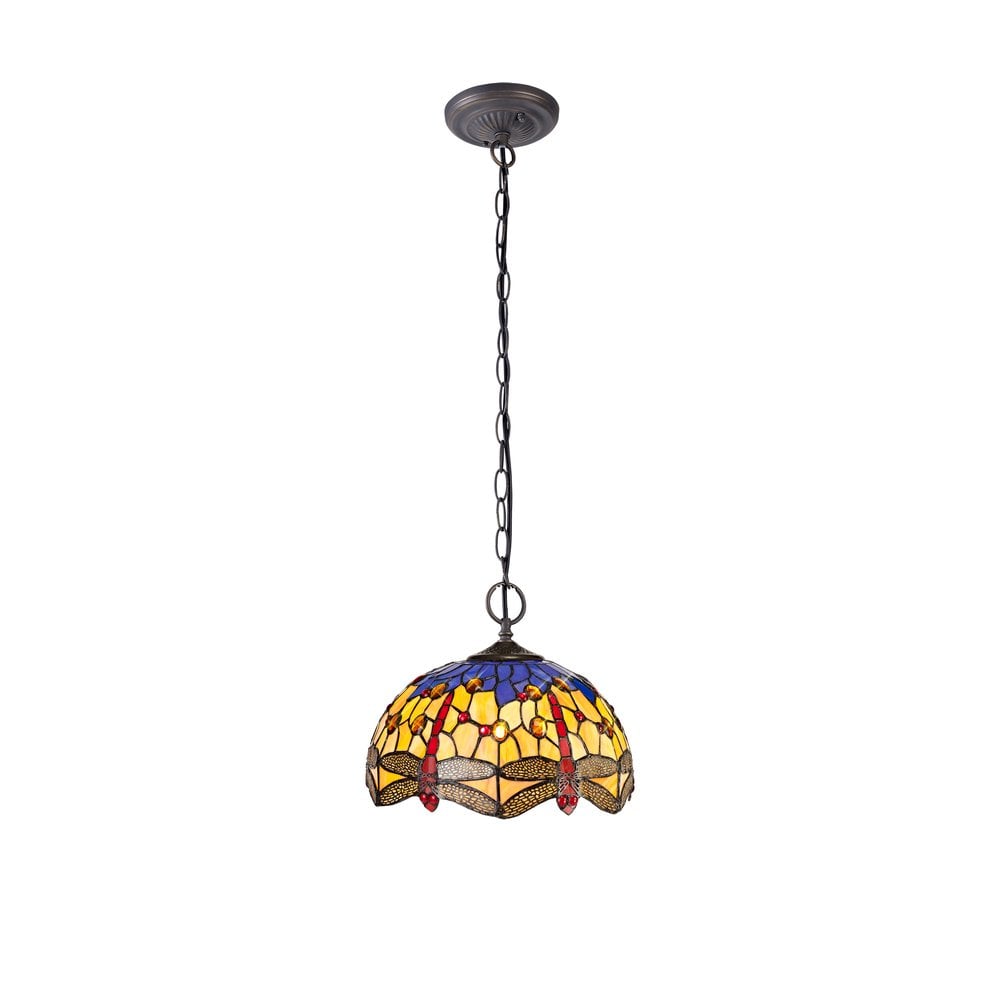 Bokmaal Dragonfly 2 Light Ceiling Pendant With Orange And Blue Tiffany Glass 30 cm