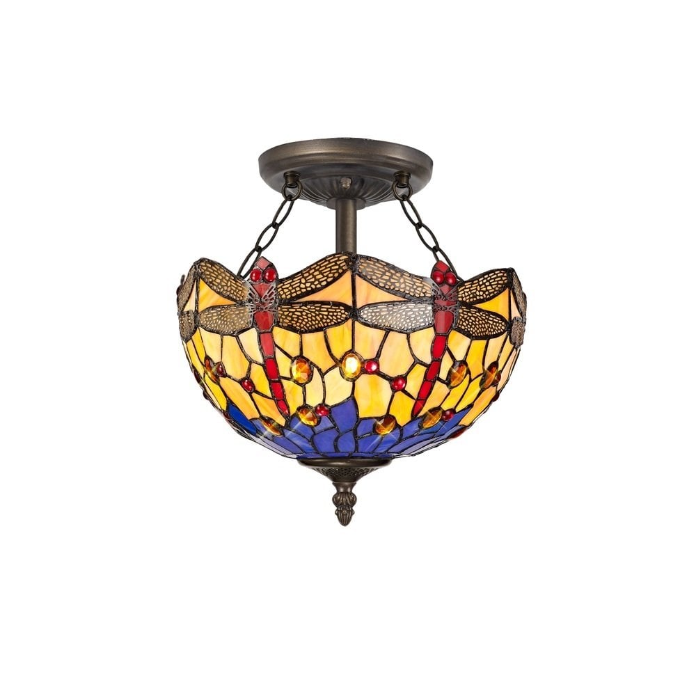 Bokmaal Dragonfly 2 Light Semi Flush Ceiling Light With Orange And Blue Tiffany Glass 30 cm