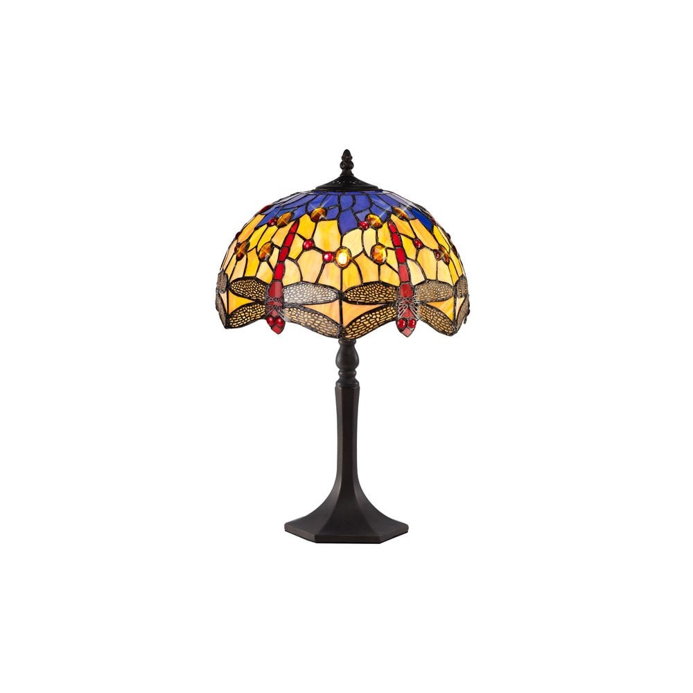 Bokmaal Dragonfly Octagonal Table Lamp With Orange And Blue Tiffany Glass 30 cm