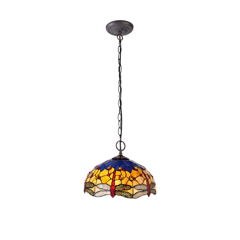 Bokmaal Dragonfly 2 Light Ceiling Pendant With Orange And Blue Tiffany Glass 40 cm