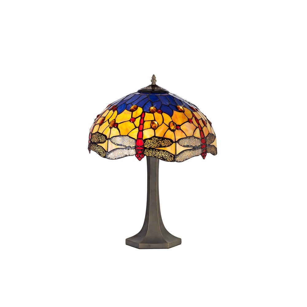 Bokmaal Dragonfly Octagonal Table Lamp With Orange And Blue Tiffany Glass 40 cm