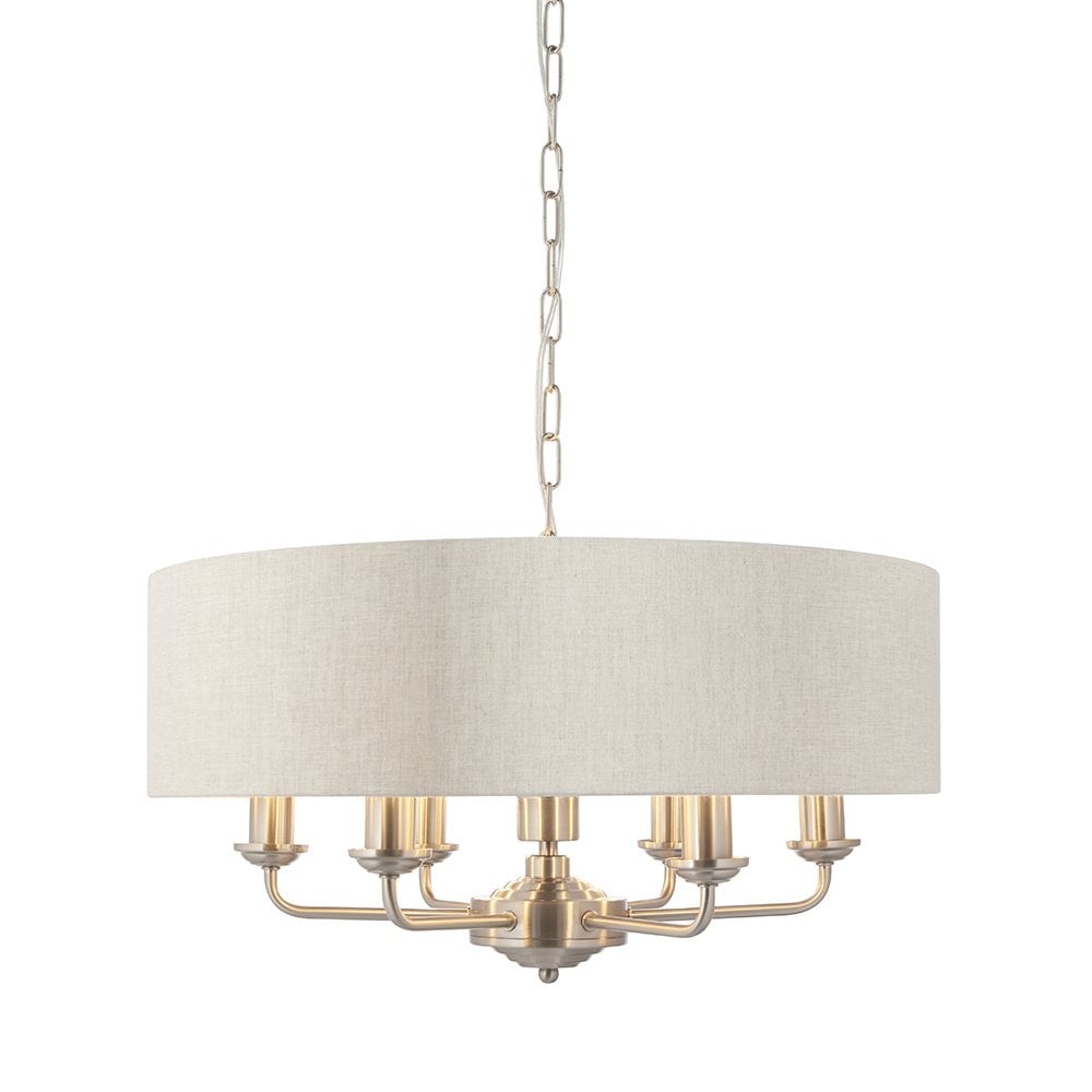 Highclere Classic 6 Light Ceiling Pendant In Brushed Chrome And Natural Shade 94357