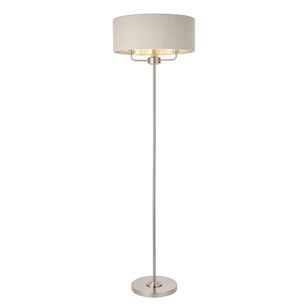 Highclere Classic 3 Light Floor Lamp In Brushed Chrome With Natural Shade 94359