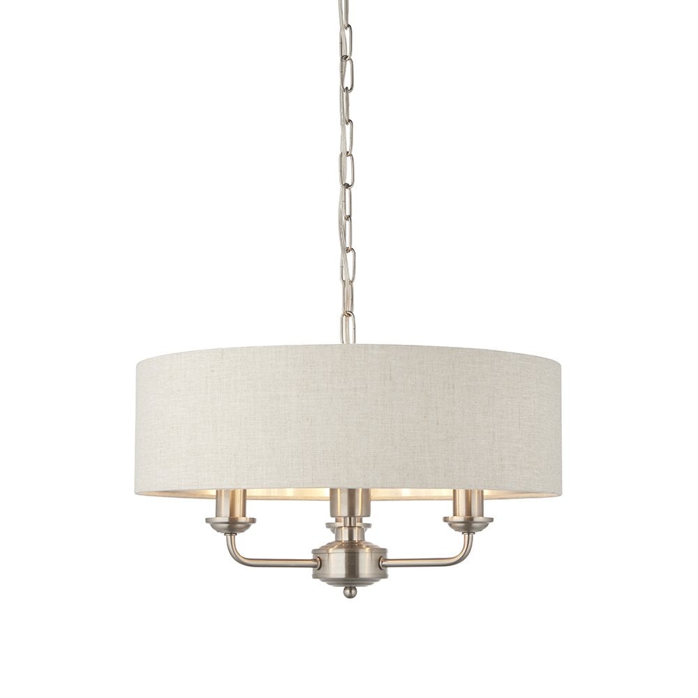 Highclere Classic 3 Light Ceiling Pendant In Brushed Chrome With Natural Shade 94361