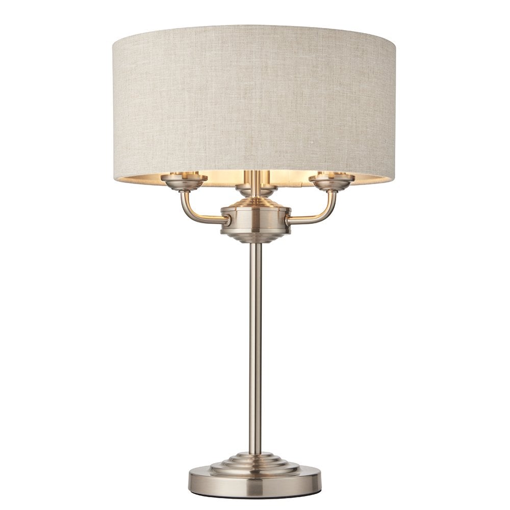 Highclere Traditional 3 Light Table Lamp In Brushed Chrome With Natural Shade 94369