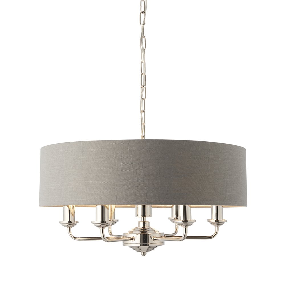 Highclere Classic 6 Light Ceiling Pendant In Bright Nickel And Charcoal Shade 94373