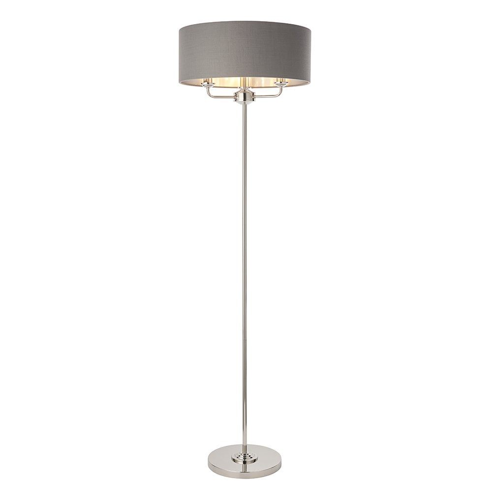 Highclere Classic 3 Light Floor Lamp In Bright Nickel With Charcoal Shade 94378